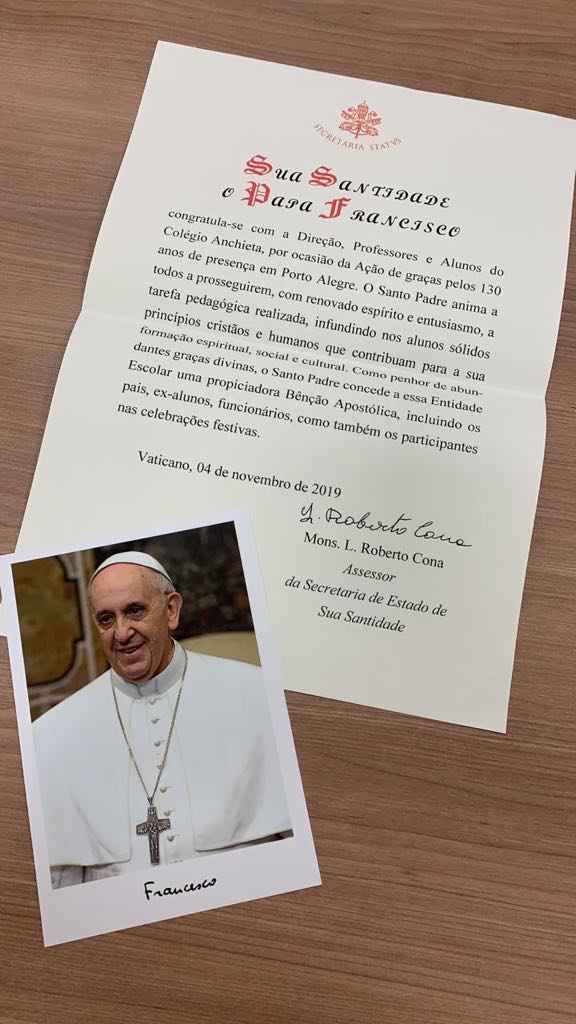 Papa Francisco parabeniza Colégio Anchieta pela celebração dos 130 anos